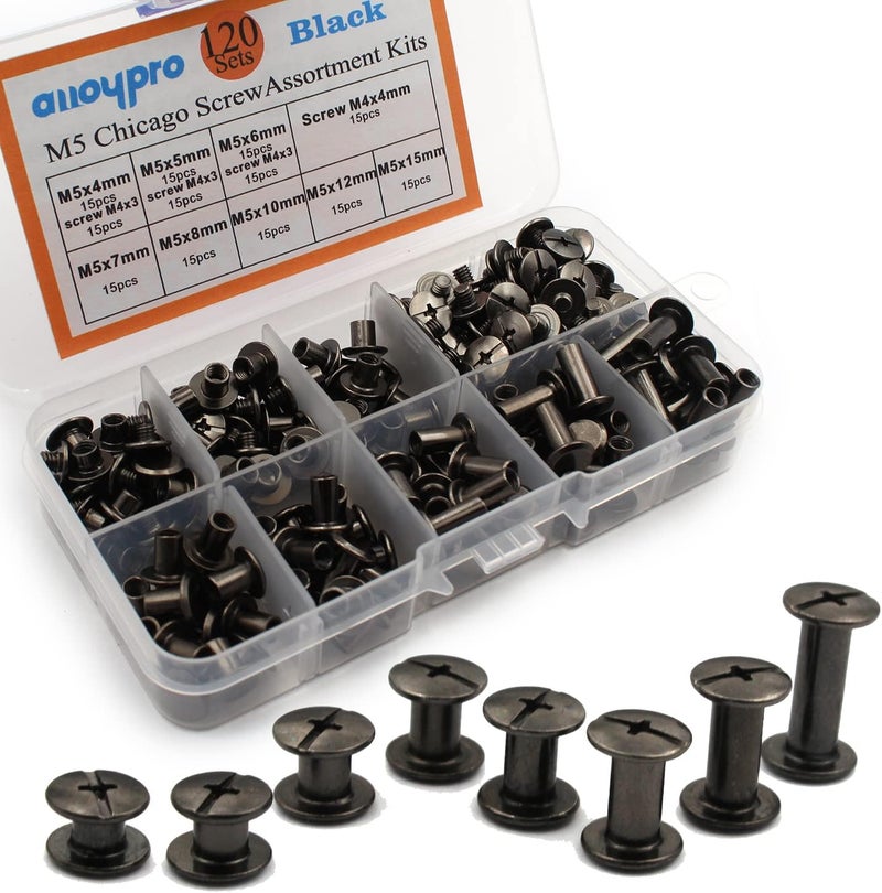 ALLOYPRO 120Pcs Black Chicago Screws Assorted Kit 8Size Gun Metal Leather Rivets 3/16" Screw Rivet Phillip Head Book Binding Posts Nail Rivet Chicago Bolt for DIY Leather Craft (M5x4/5/6/7/8/10/12/15) - Image 4